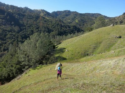 Climbing grassy slopes above Dutra Creek